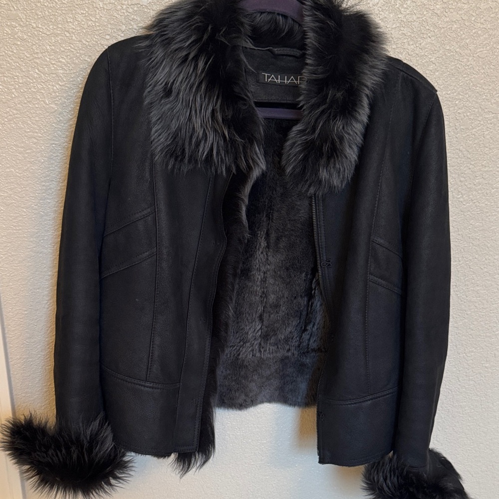 Tahari Black Teddy Leather Jacket with  Fur Trim